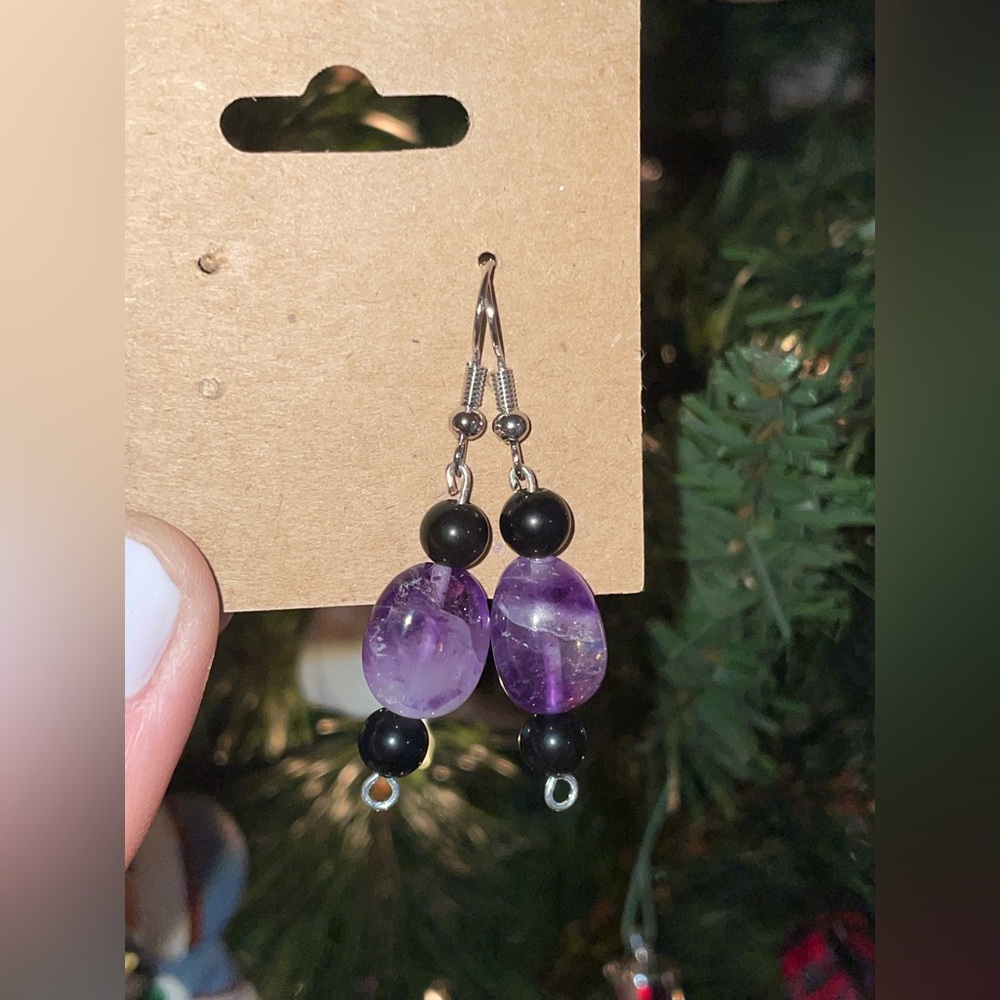 Gemmy Amethyst + Obsidian Beaded Earrings | Hand Crafted Dangles | Crystal - Picture 5 of 6